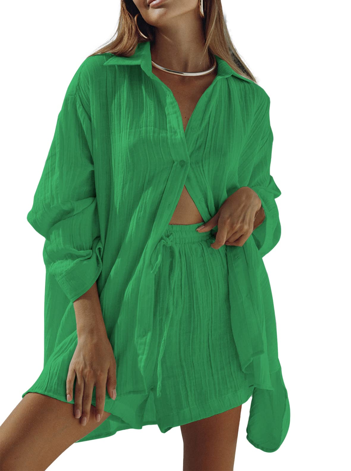 Fixmatti Women 2 Piece Outfits Long Sleeve Button Down Blouse and Shorts Sweatsuit Sets