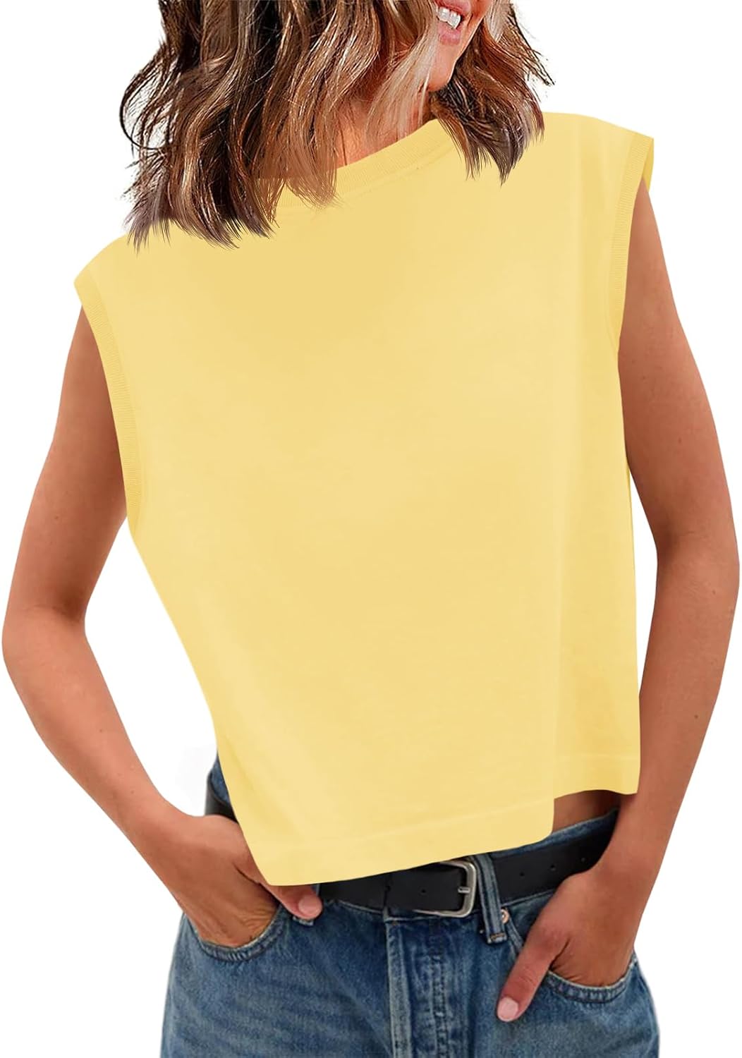 Tankaneo Womens Cropped Cap Sleeve Tank Tops Summer Basic Tee Shirts | Muscle Tank, Crew Neck, Sleeveless Shirts, Loose Fit, Casual Trendy, Boxy