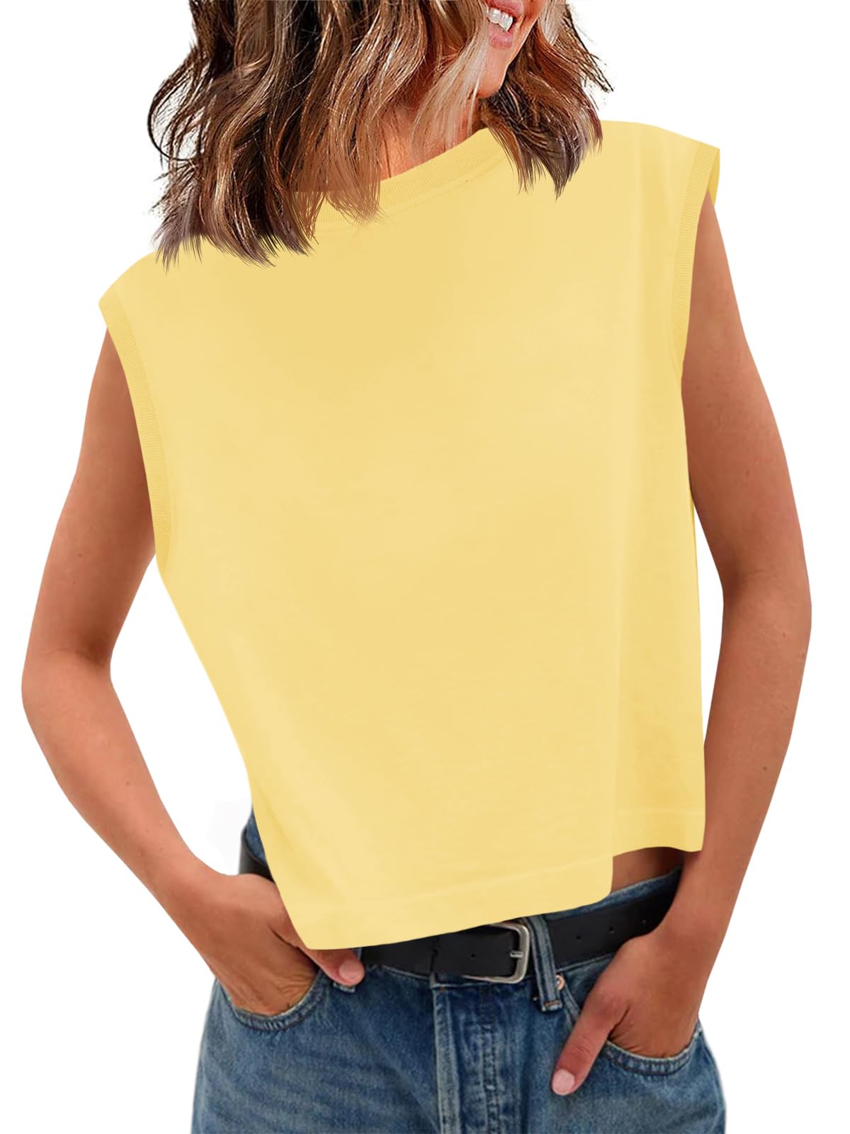 Tankaneo Womens Cropped Cap Sleeve Tank Tops Summer Basic Tee Shirts | Muscle Tank, Crew Neck, Sleeveless Shirts, Loose Fit, Casual Trendy, Boxy
