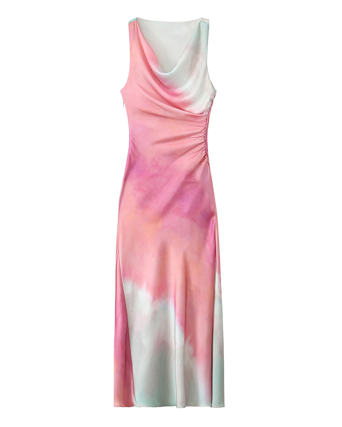 BAIMORE Women's Elegant Cowl Neck Tie Dye Sleeveless Ruched Side Party Midi Dress