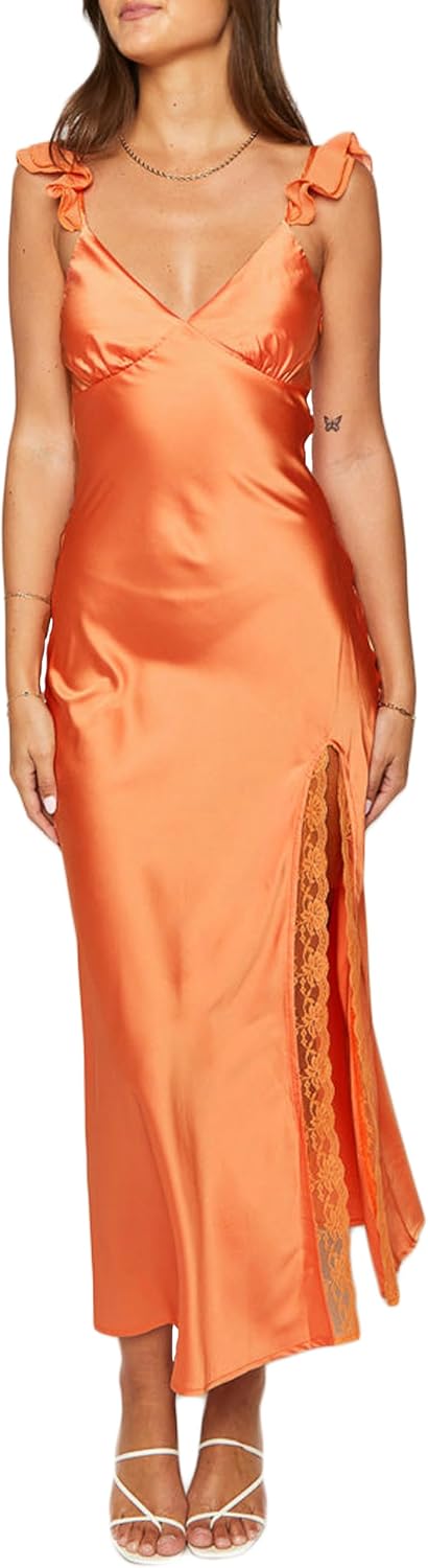 KOUNAI Women's Satin Summer Lace Slit Formal Midi Dress for Wedding Guest | Silk,Elegant,Ruffle Sleeve,Cocktail,Bridesmaid, Beach, Vacation,Party,Adjustable Straps,Graduation,Baby Showe,Engagement
