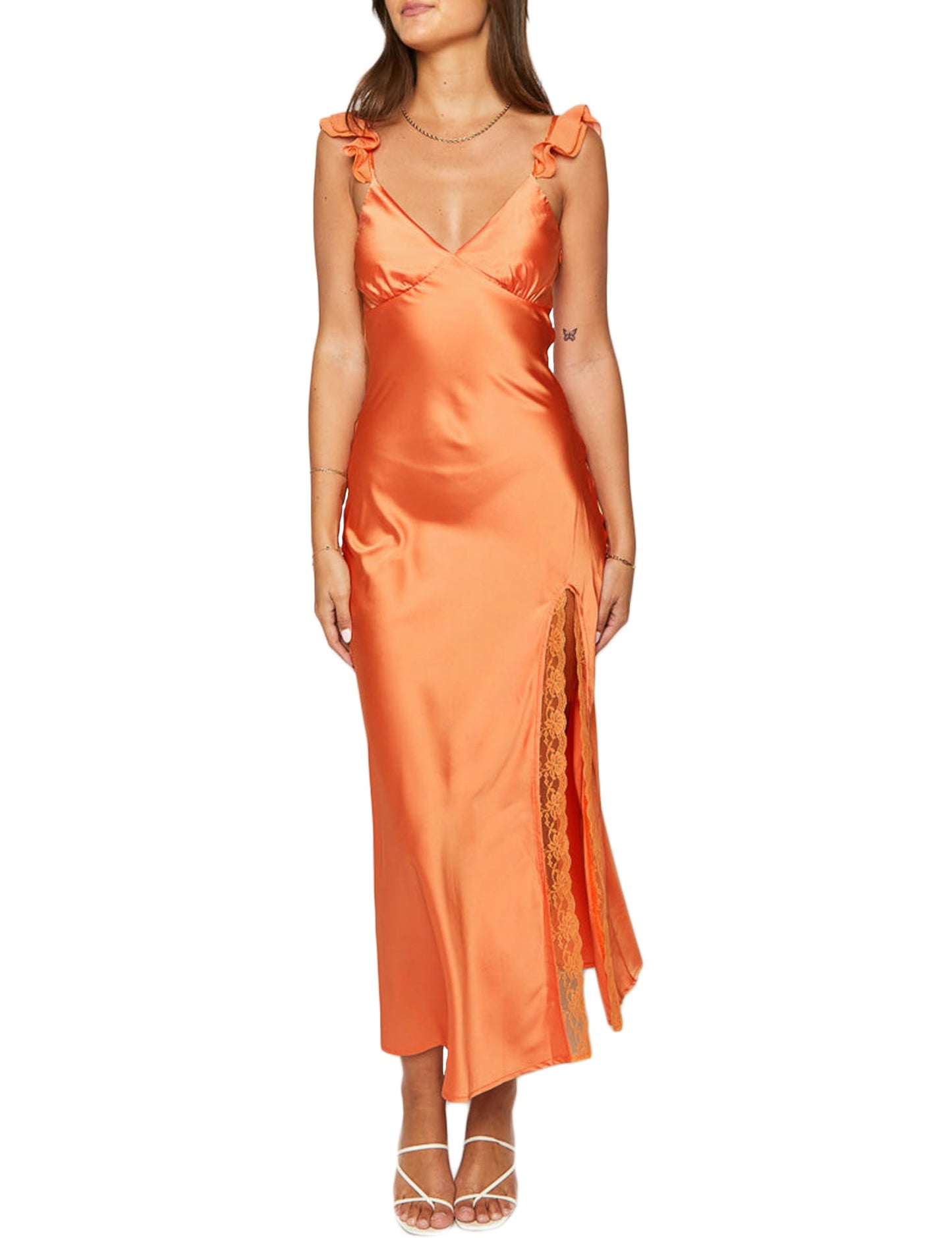 KOUNAI Women's Satin Summer Lace Slit Formal Midi Dress for Wedding Guest | Silk,Elegant,Ruffle Sleeve,Cocktail,Bridesmaid, Beach, Vacation,Party,Adjustable Straps,Graduation,Baby Showe,Engagement