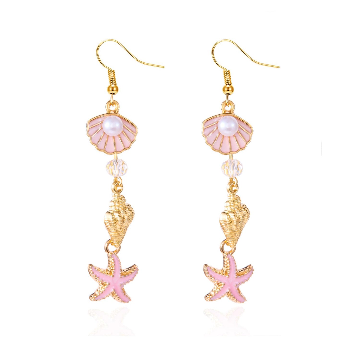Gold Starfish Shell Dangle Drop Earrings, Beach Jewelry for Women, Summer Boho Beachy Vacation Accessories