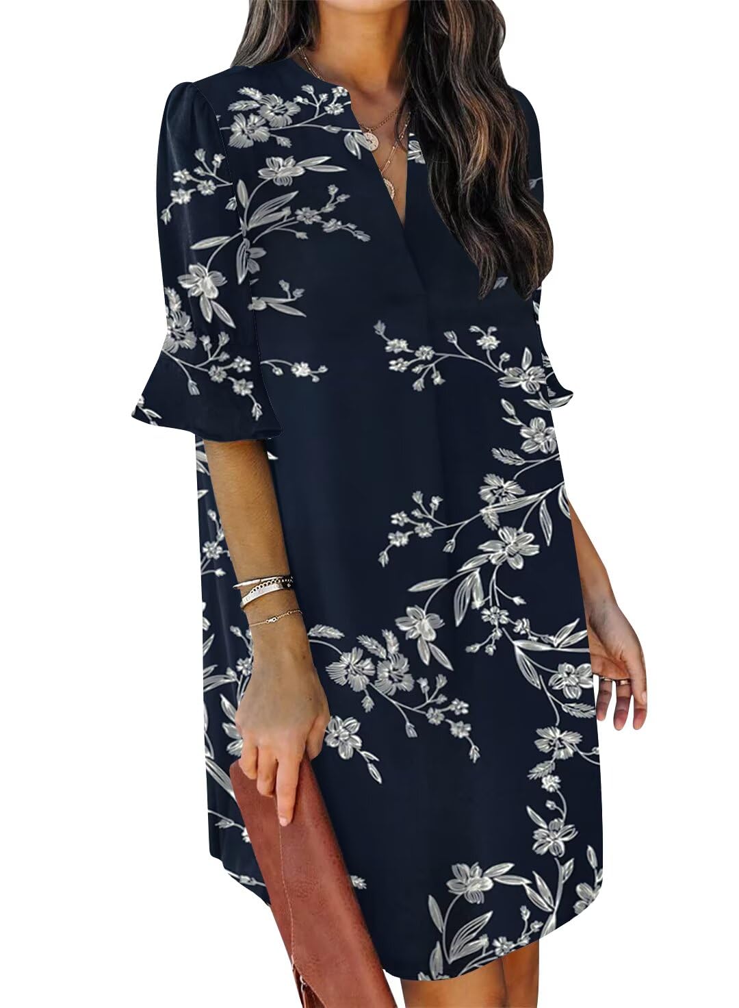 QACOHU Womens Summer Casual V Neck Shift Mini Dress | Flowy Swing Basic Dress, Ruffle Short Sleeve, Floral Boho Style, Wedding Guest Daily Work Clothes, Beach Vacation Outfits