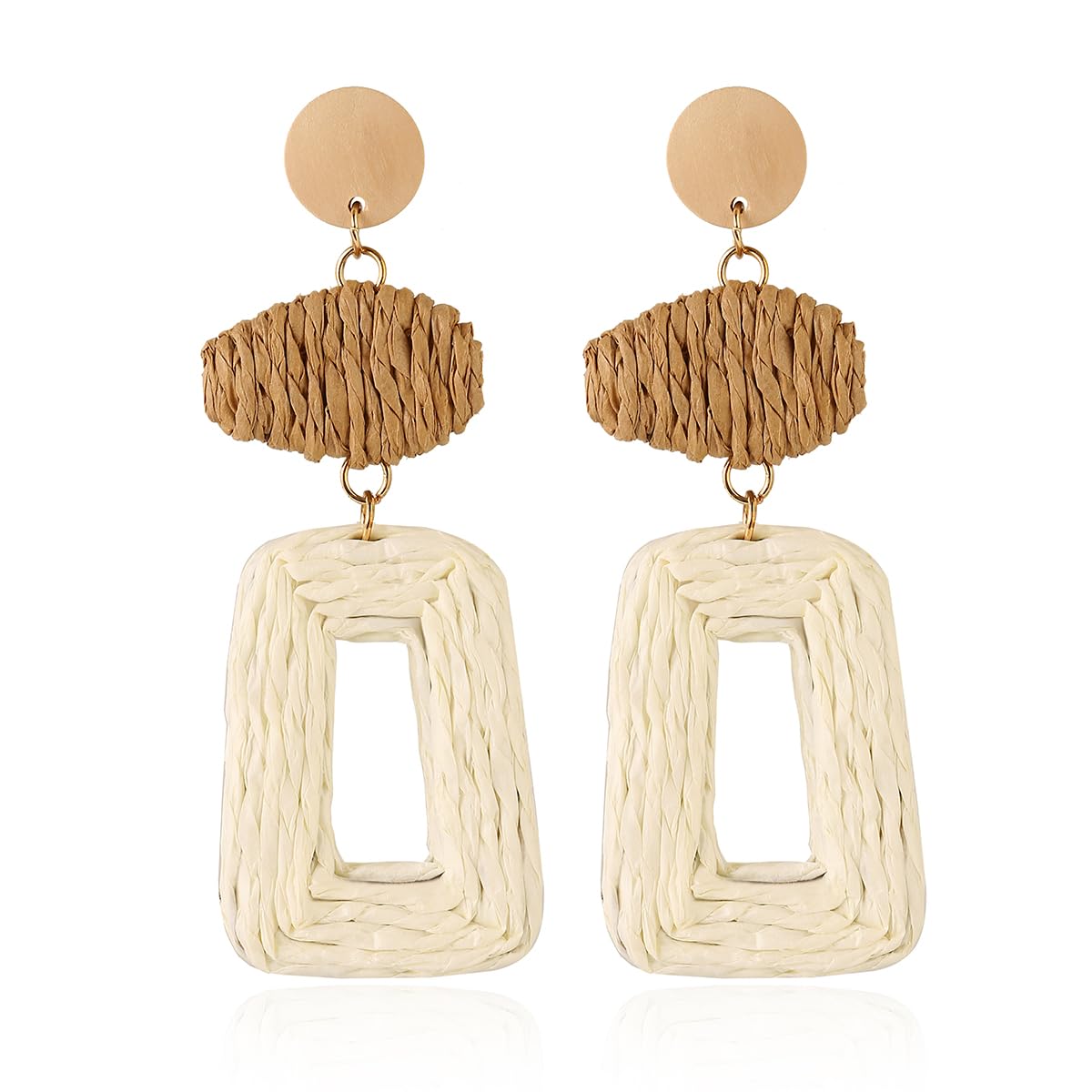 Handmade Raffia Hoop Earrings Statement Tropical Bohemian Straw Dangle Earrings Natural Rattan Vacation Style Round Earrings for Women Summer Beach Party Essential Jewelry