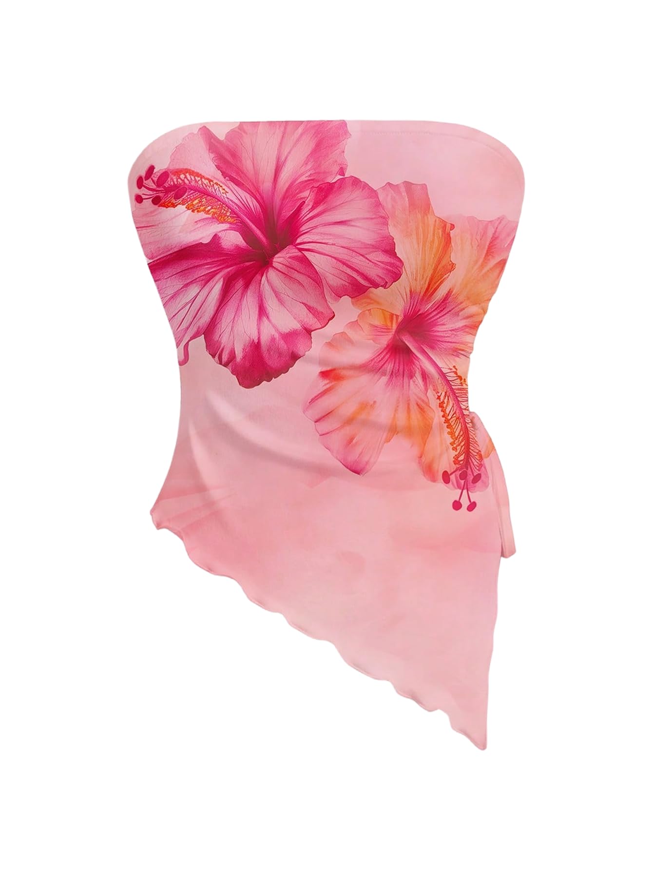 WDIRARA Women's Floral Strapless Side Ruched Asymmetrical Hem Tube Top | Y2k Floral, Strapless, Asymmetrical Hem, Side Ruched, Bandeau Crop Top