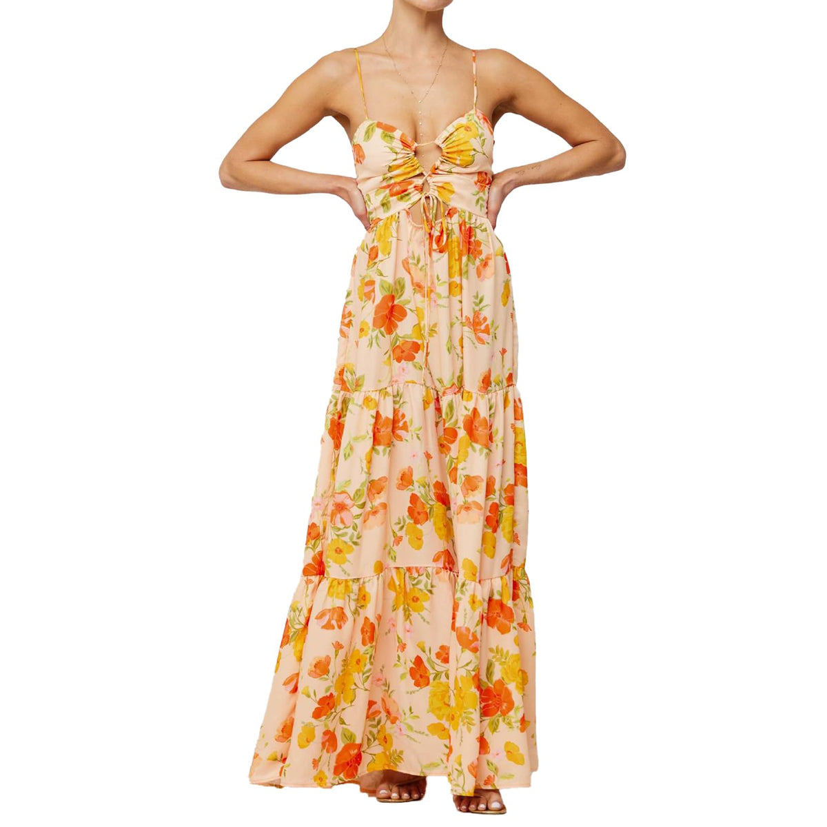 ABYOVRT Women Floral Maxi Dress Tie Front Cut Out Backless Boho Spaghetti Strap Summer Beach Sundress