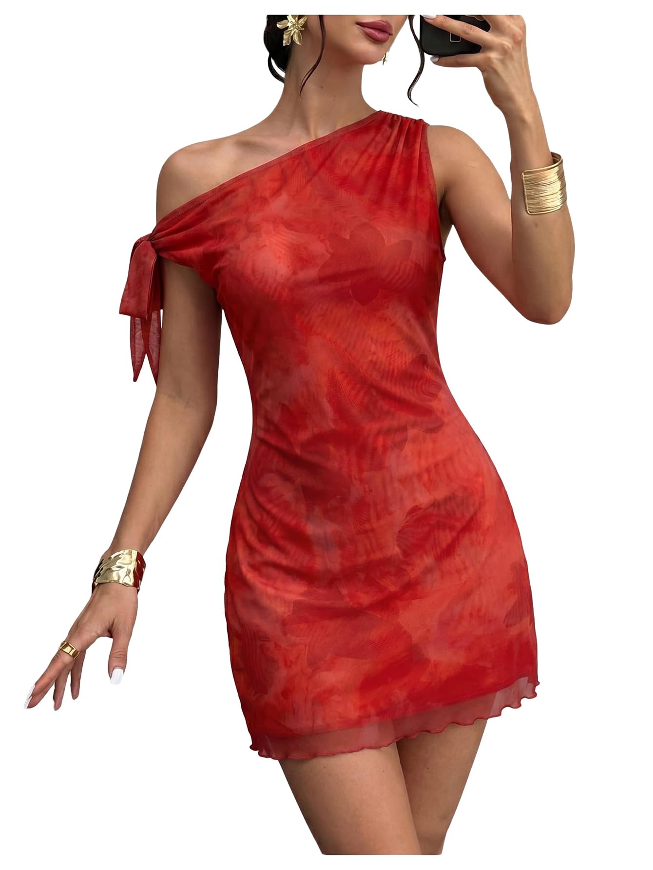 GORGLITTER Women's One Shoulder Wedding Guest Cocktail Mini Dresses | Orange Vacation Beach Sunset Dress, Floral Short Dress, Brunch Outfits, Asymmetrical Dresses