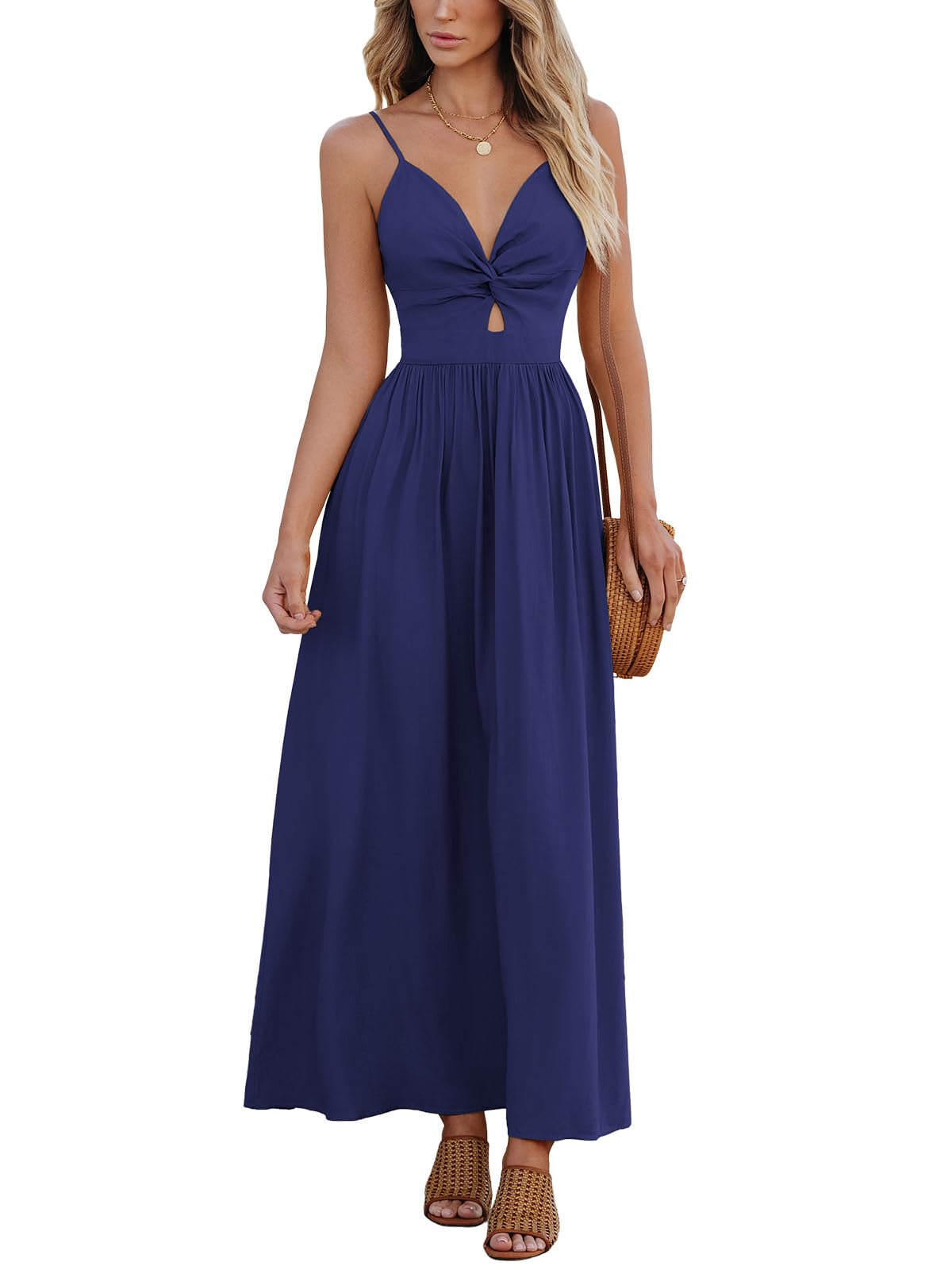 CUPSHE Women's V Neck Twisted Pleated Cutout Backless Formal Maxi Dress | Sleeveless, Self Tie Back, Adjustable Spaghetti Straps, Open Back, Casual Flowy Long Skirt, Summer Beach Resort Sundress