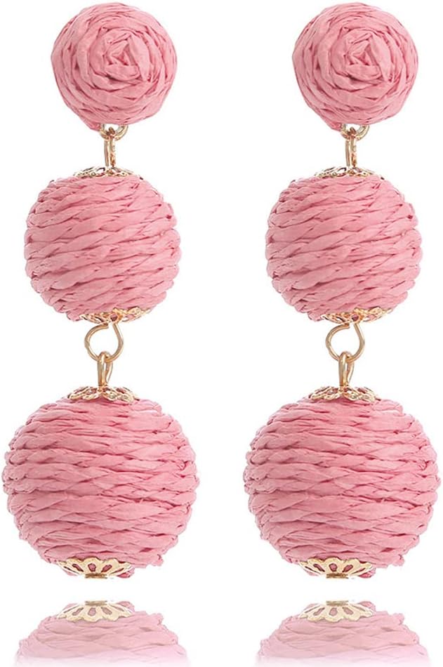 Lightweight Boho Thread Raffia Earrings for Women Handmade Braided Straw Wicker Lantern Ball Earrings Summer Beach Bohemian Geometric Earrings Holiday
