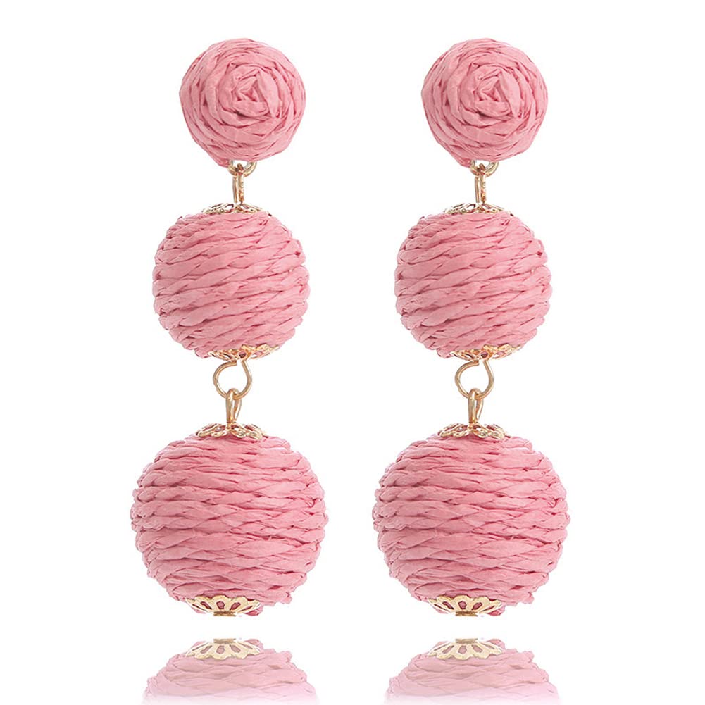 Lightweight Boho Thread Raffia Earrings for Women Handmade Braided Straw Wicker Lantern Ball Earrings Summer Beach Bohemian Geometric Earrings Holiday