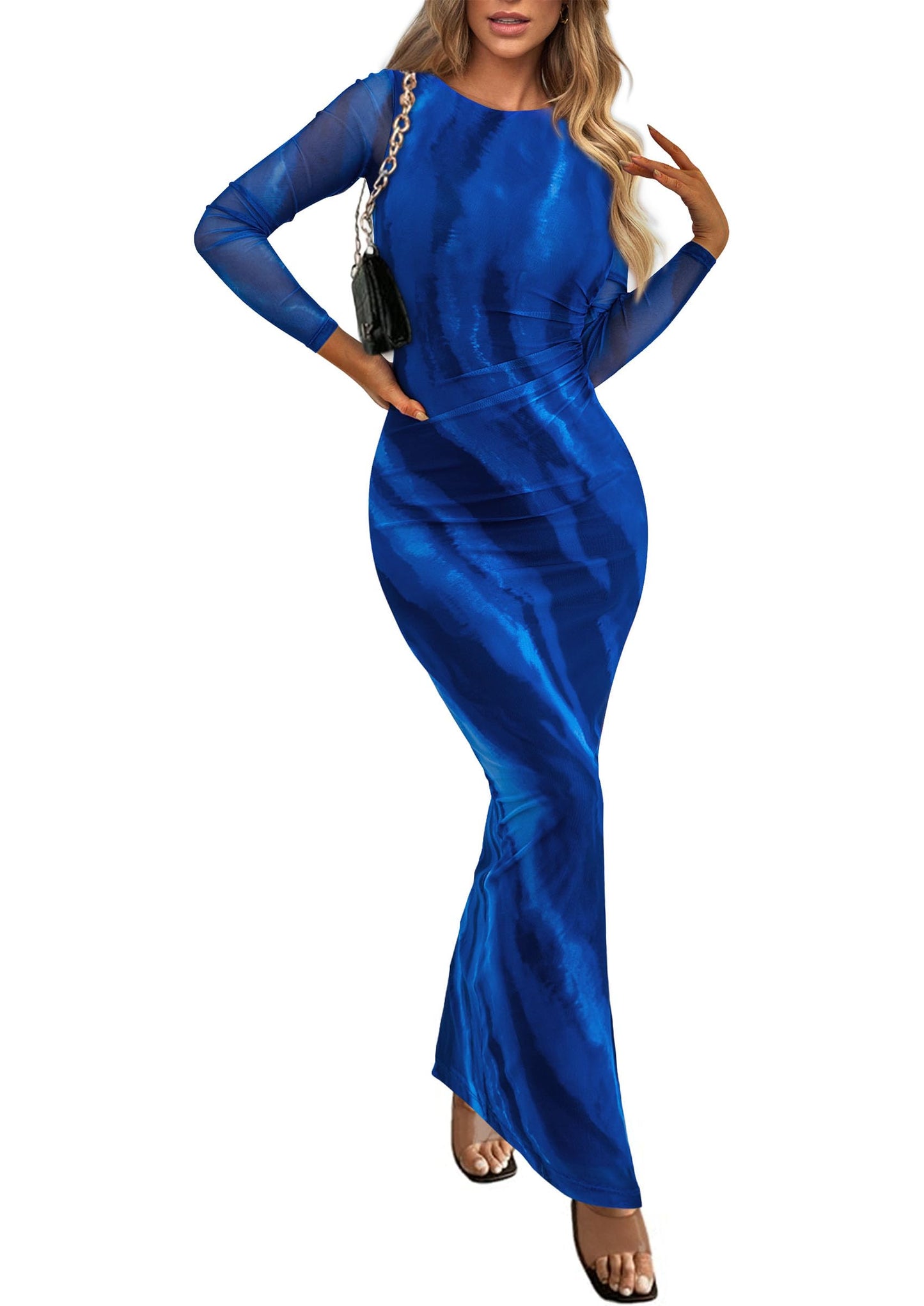 PRETTYGARDEN Women's Floral Bodycon Maxi Fall Dress | Sheer Mesh, Boho Tie Dye, Long Sleeve Fitted, Ruched Waist, Wedding Guest, Cocktail Party Holiday, Elegant Spring Outfits