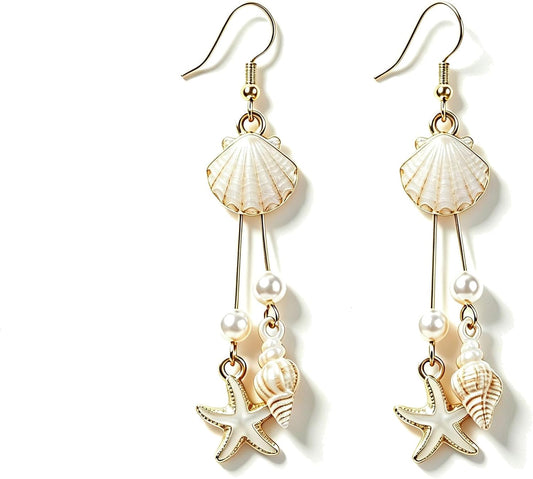 Gold Starfish Shell Dangle Drop Earrings Summer Beach Jewelry for Women | Boho Conch Shell Drop Earrings Ocean Beach Jewelry for Summer Vacation Outfits Accessories