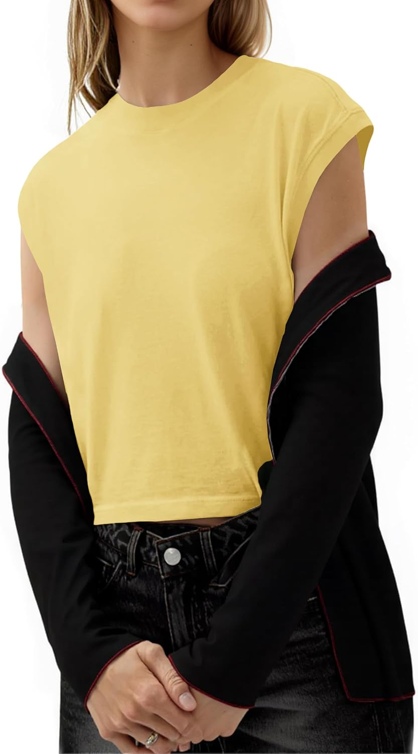 Tankaneo Womens Cropped Cap Sleeve Tank Tops Summer Basic Tee Shirts | Muscle Tank, Crew Neck, Sleeveless Shirts, Loose Fit, Casual Trendy, Boxy