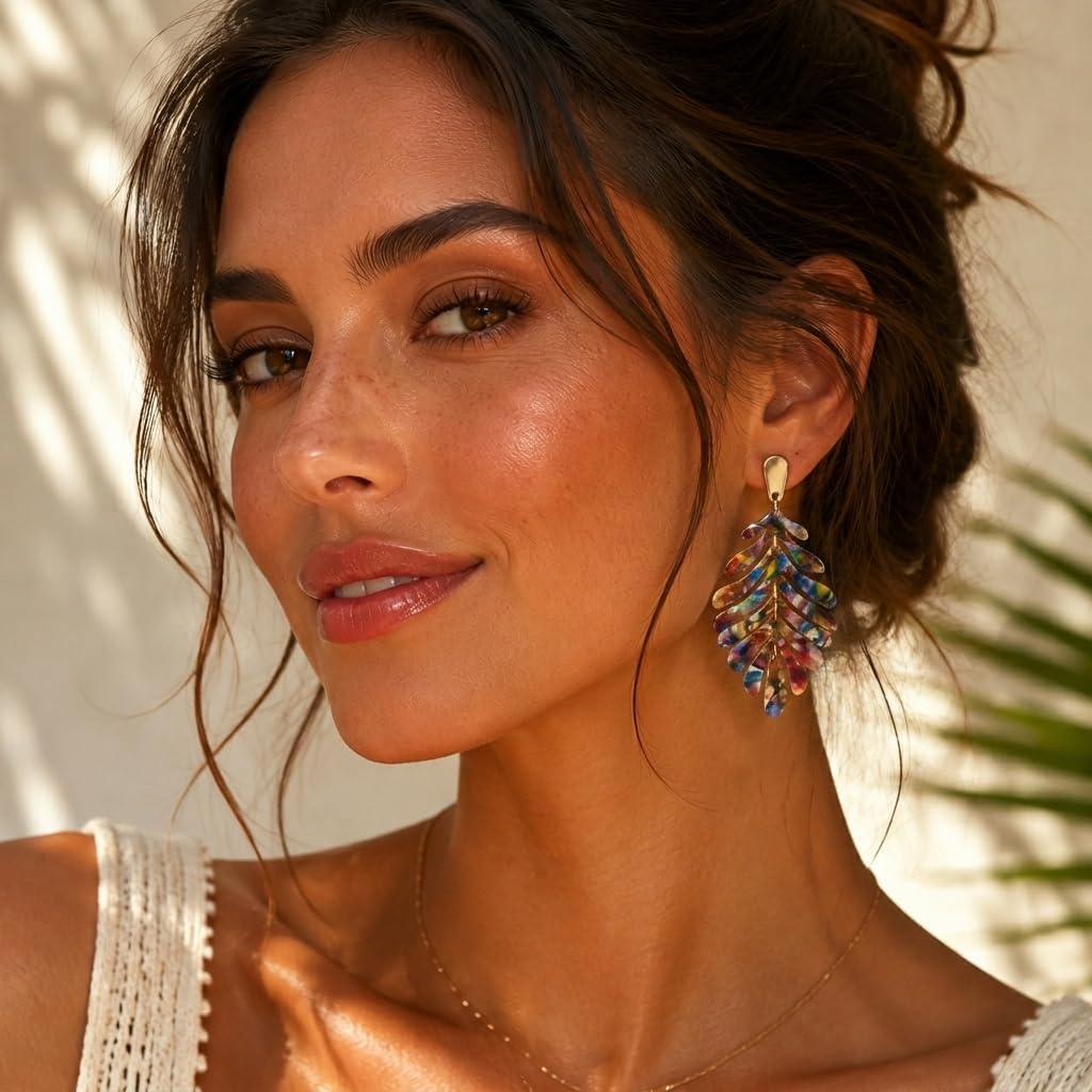 Sonateomber Large Gold Leaf Dangle Drop Earrings for Women, Long Statement Acrylic Palm Leaf Resin Dangling Earing Summer Beach Vacation Tropical Accessories Fashion Jewelry Gift