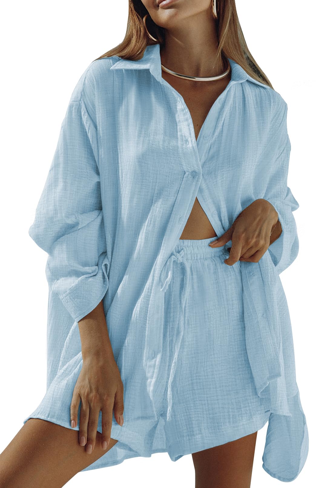 Fixmatti Women 2 Piece Outfits Long Sleeve Button Down Blouse and Shorts Sweatsuit Sets