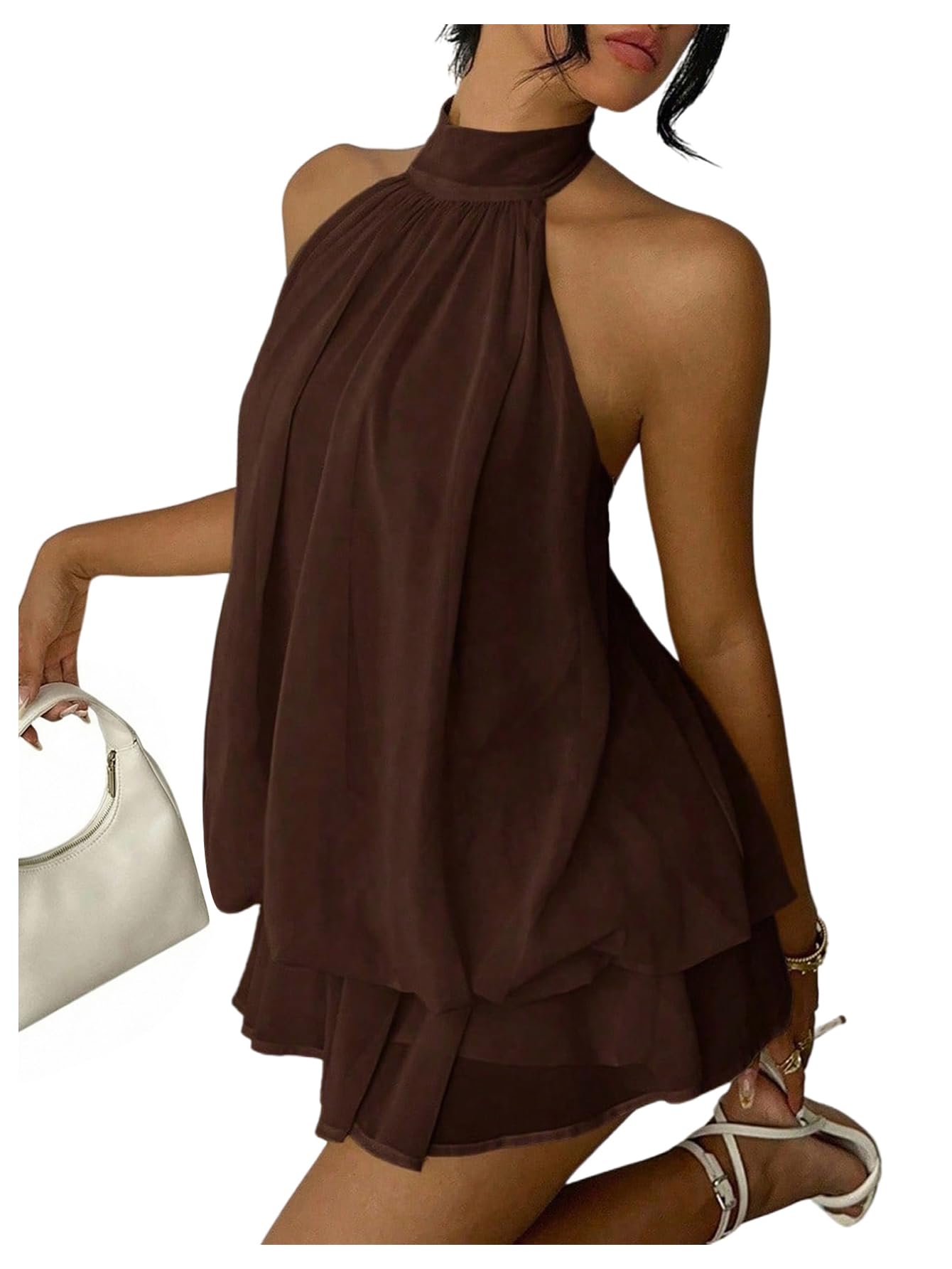 Verdusa Women's Chiffon Halter Drop Waist Flowy Wedding Guest Mini Dresses | Sleeveless, Ruffle Hem, Loose Fit, Brunch Outfits, Birthday, Going Out, Cocktail, Y2k