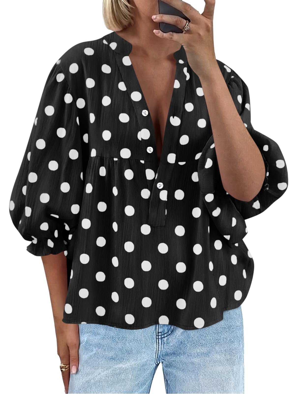 Tankaneo Womens Puff Sleeve Summer Babydoll Tops Cute V Neck Striped Blouse | Casual, Loose Fit, Flowy Shirts, Button, Boho, Work, Dressy, Peplum Blouses