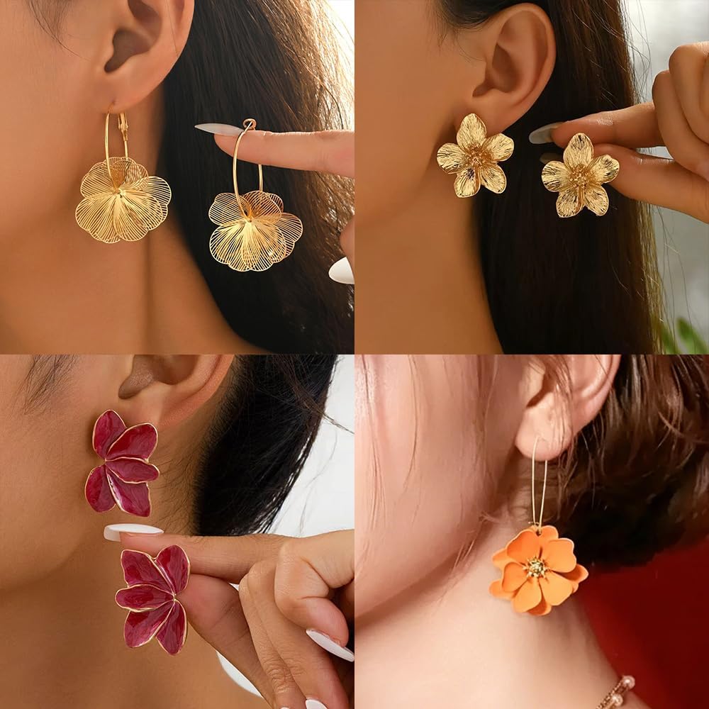 Flower Earrings for Women Summer Spring Beachy Vacation Daisy Statement Gold Earrings Set Tropical Jewelry Gift 4 Pairs