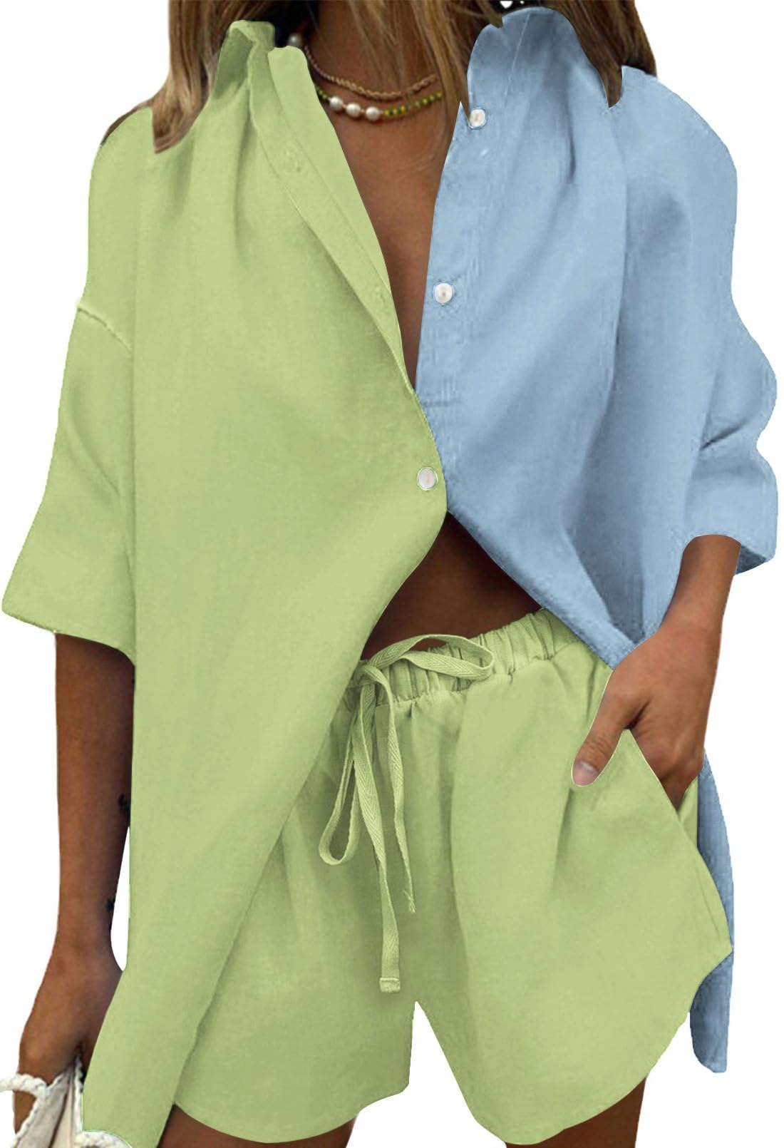 Fixmatti Women 2 Piece Outfits Long Sleeve Button Down Blouse and Shorts Sweatsuit Sets