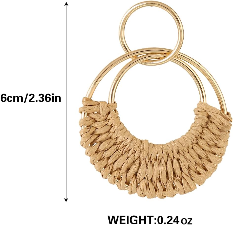 Handmade Raffia Hoop Earrings Statement Tropical Bohemian Straw Dangle Earrings Natural Rattan Vacation Style Round Earrings for Women Summer Beach Party Essential Jewelry