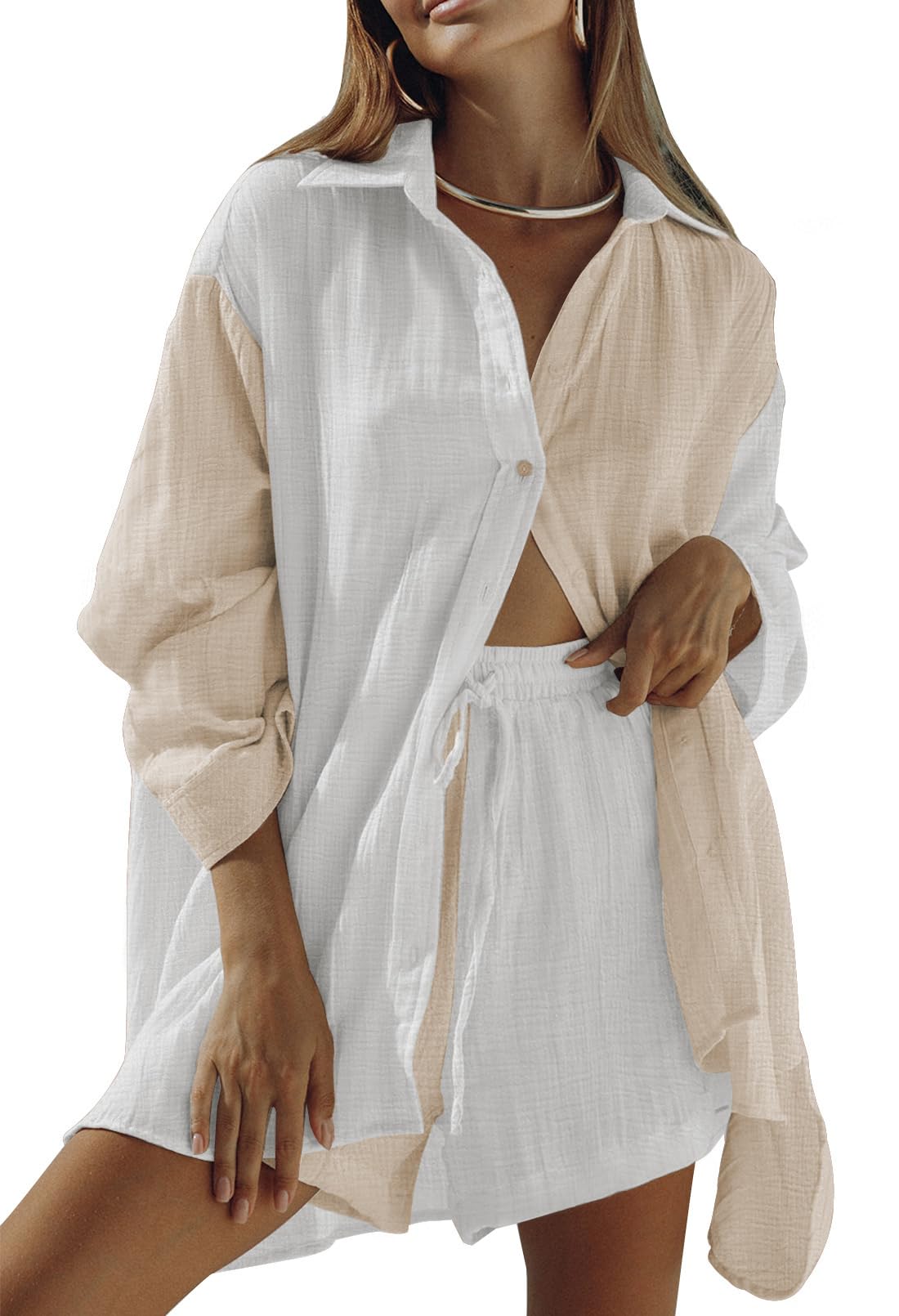 Fixmatti Women 2 Piece Outfits Long Sleeve Button Down Blouse and Shorts Sweatsuit Sets