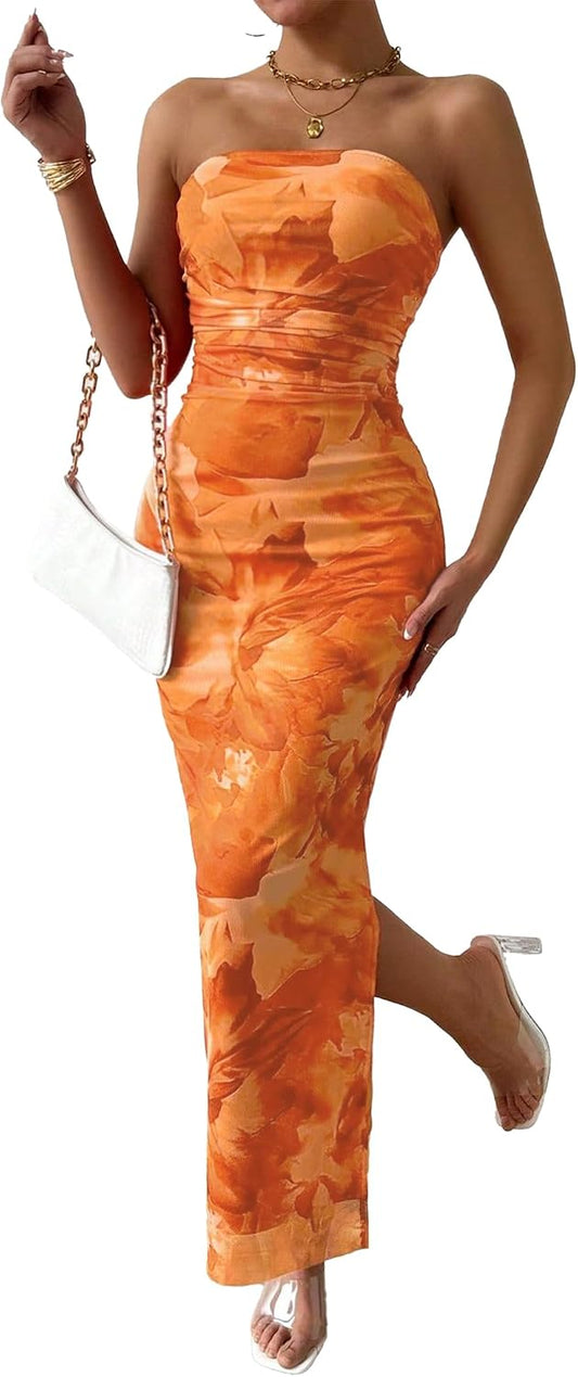Women's Summer Strapless Dresses 2025 Maxi Bodycon Tube Top Dress Floral Beach Vacation Clothes for Women