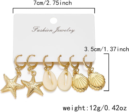 3Pairs Boho Starfish Shell Dangle Drop Earrings Dainty Ocean Theme Seashell Starfish Hoop Earrings for Women Summer Beach Holiday Vacation Outfits Accessories Jewelry Gifts