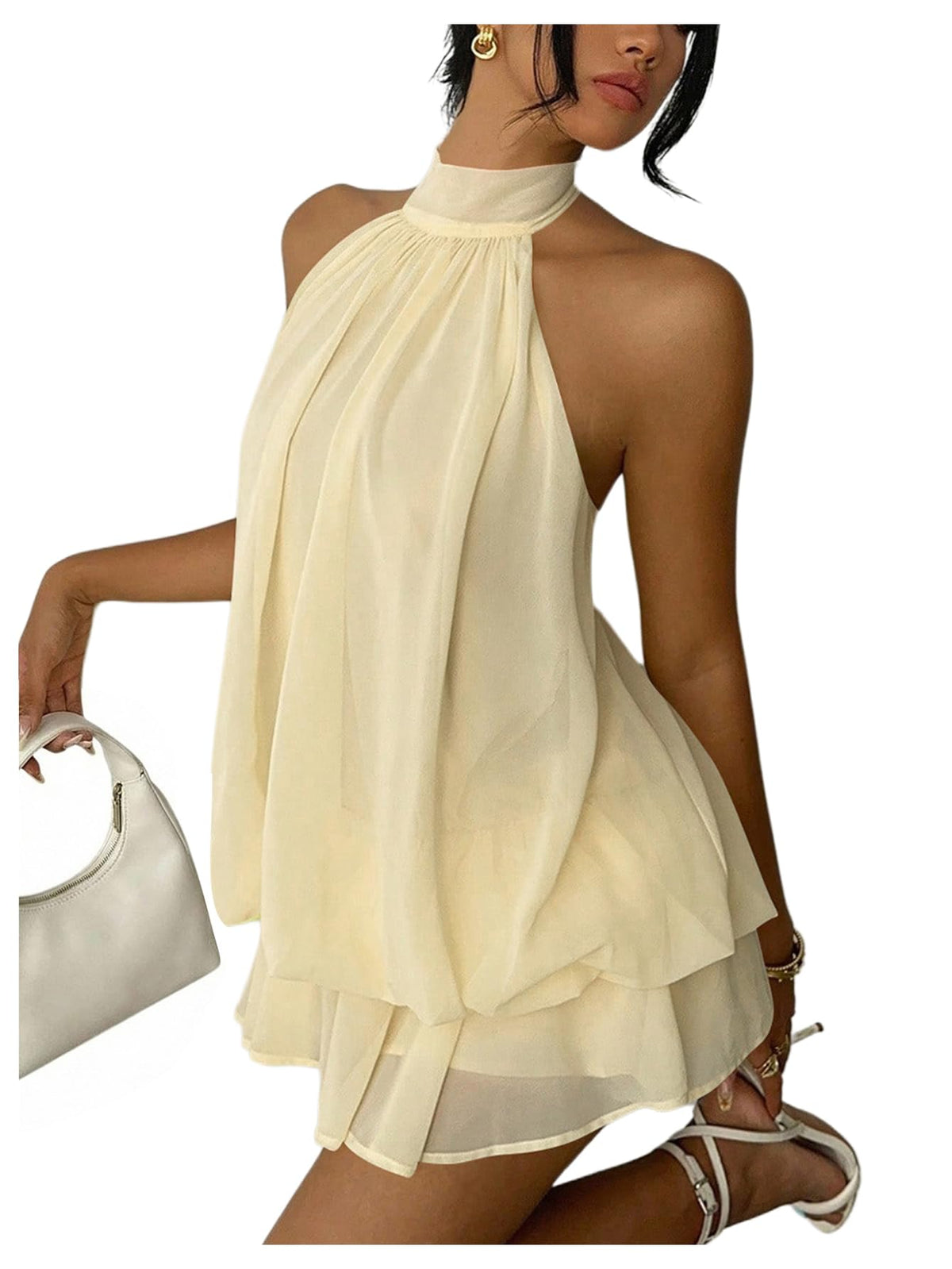 Verdusa Women's Chiffon Halter Drop Waist Flowy Wedding Guest Mini Dresses | Sleeveless, Ruffle Hem, Loose Fit, Brunch Outfits, Birthday, Going Out, Cocktail, Y2k