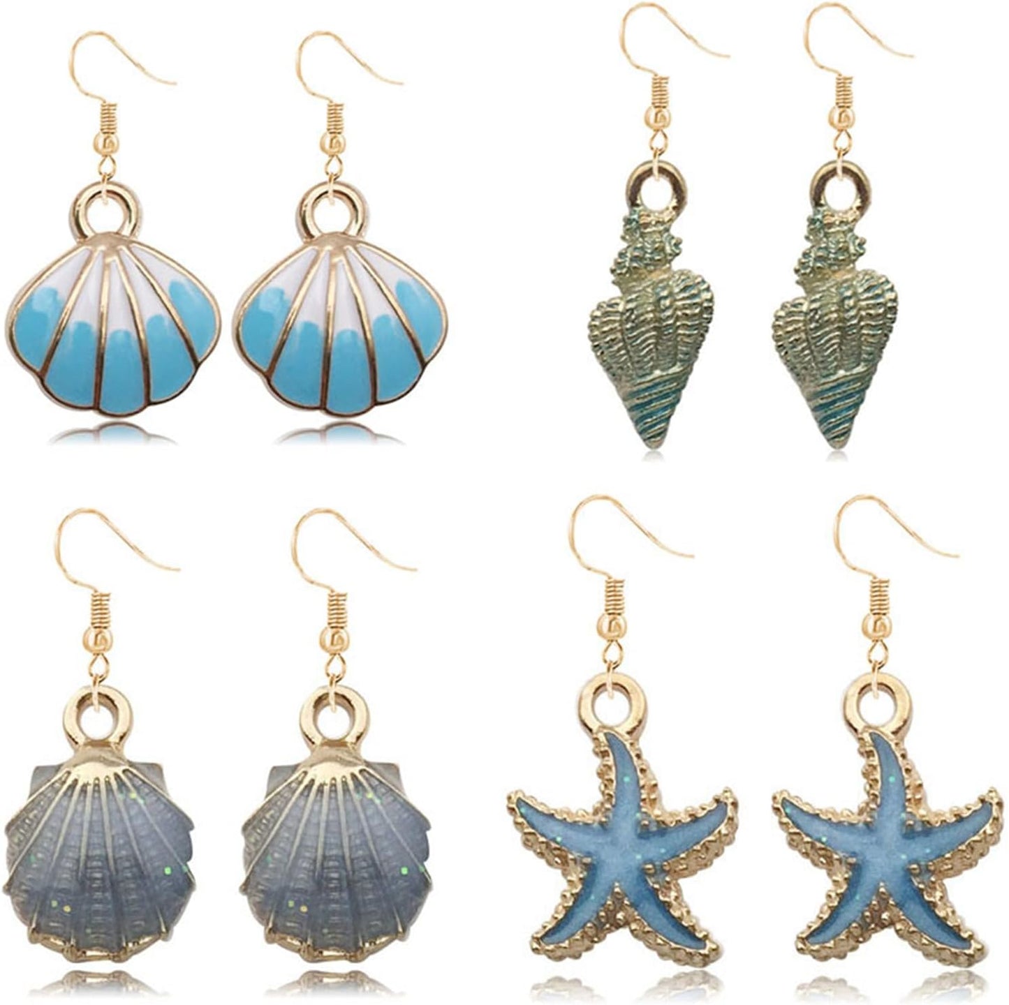 4pair Beach Summer Sea Shell Earrings Set For Women Trendy Charm Sea Shell Conch Hawaii Dangle Earring Handmade Boho Tropical Natural Scallop Shell Drop Earrings Vacation Jewelry Gifts