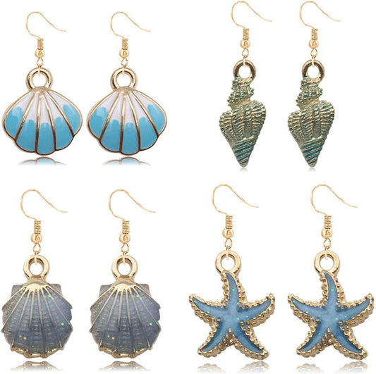 4pair Beach Summer Sea Shell Earrings Set For Women Trendy Charm Sea Shell Conch Hawaii Dangle Earring Handmade Boho Tropical Natural Scallop Shell Drop Earrings Vacation Jewelry Gifts