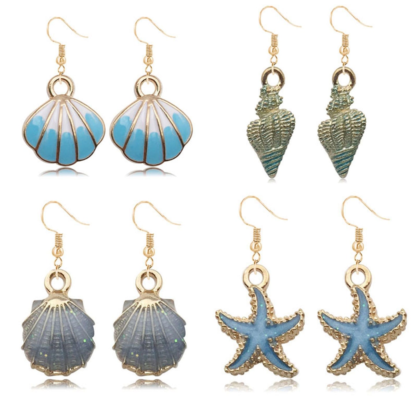 4pair Beach Summer Sea Shell Earrings Set For Women Trendy Charm Sea Shell Conch Hawaii Dangle Earring Handmade Boho Tropical Natural Scallop Shell Drop Earrings Vacation Jewelry Gifts