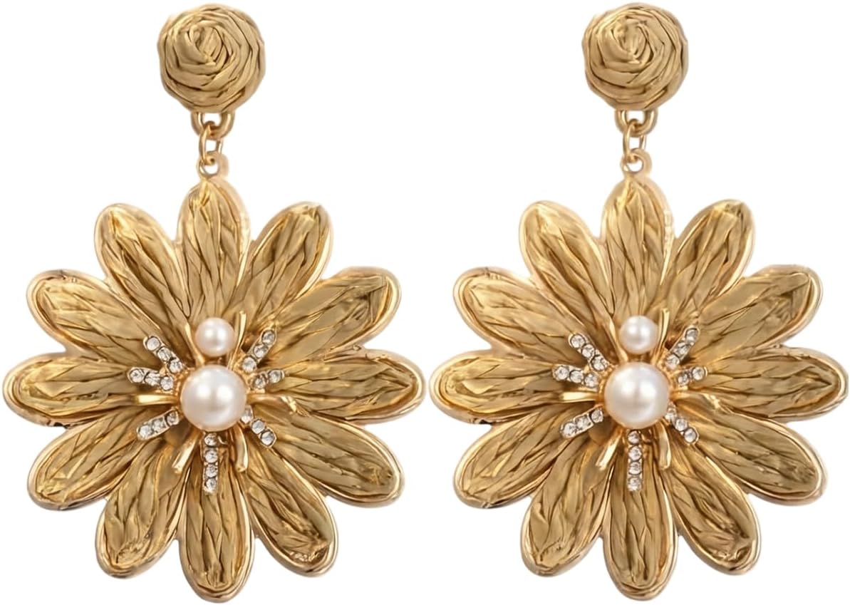 Boho Flower Earrings for Women, Statement Dangle Earrings with Faux Pearl and Rhinestone Accents, Summer Beach Vacation Jewelry Accessories for Party