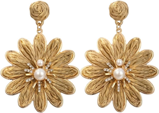 Boho Flower Earrings for Women, Statement Dangle Earrings with Faux Pearl and Rhinestone Accents, Summer Beach Vacation Jewelry Accessories for Party