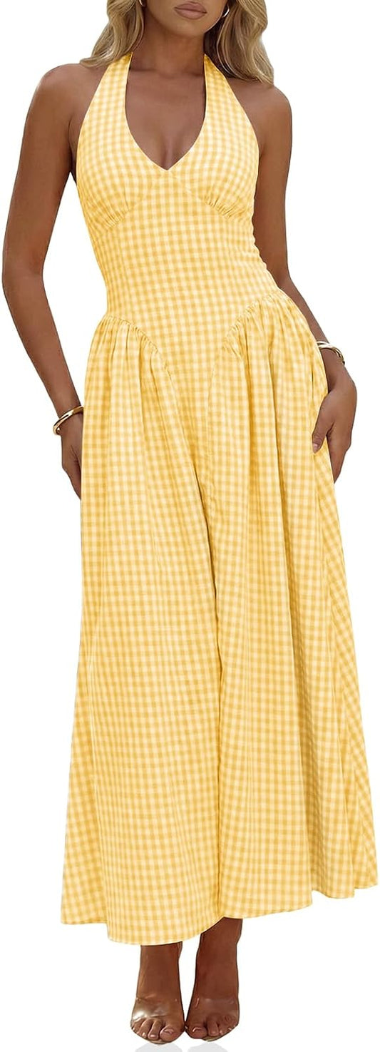 Wenrine Womens Halter V Neck Corset Maxi Dresses Summer Plaid Smocked Dress | Tie Back, Backless, Wedding Guest, Drop Waist, Sleeveless, Gingham, Pleated, Long dress with Pockets