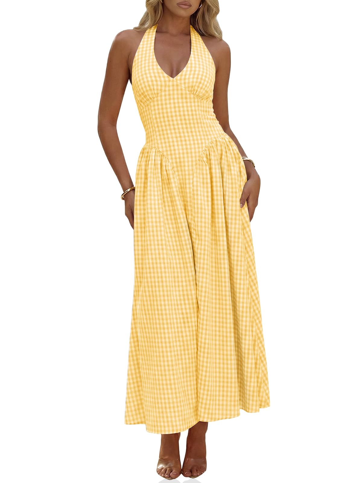 Wenrine Womens Halter V Neck Corset Maxi Dresses Summer Plaid Smocked Dress | Tie Back, Backless, Wedding Guest, Drop Waist, Sleeveless, Gingham, Pleated, Long dress with Pockets