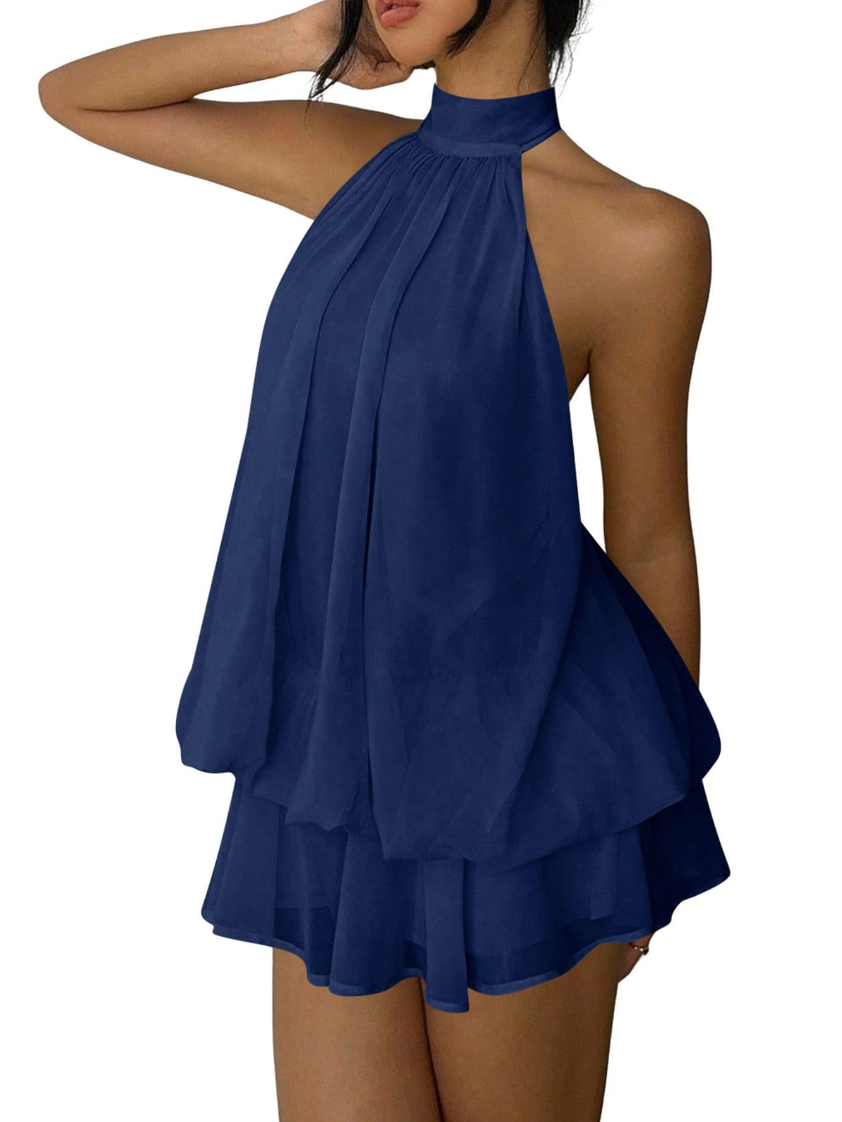 Verdusa Women's Chiffon Halter Drop Waist Flowy Wedding Guest Mini Dresses | Sleeveless, Ruffle Hem, Loose Fit, Brunch Outfits, Birthday, Going Out, Cocktail, Y2k