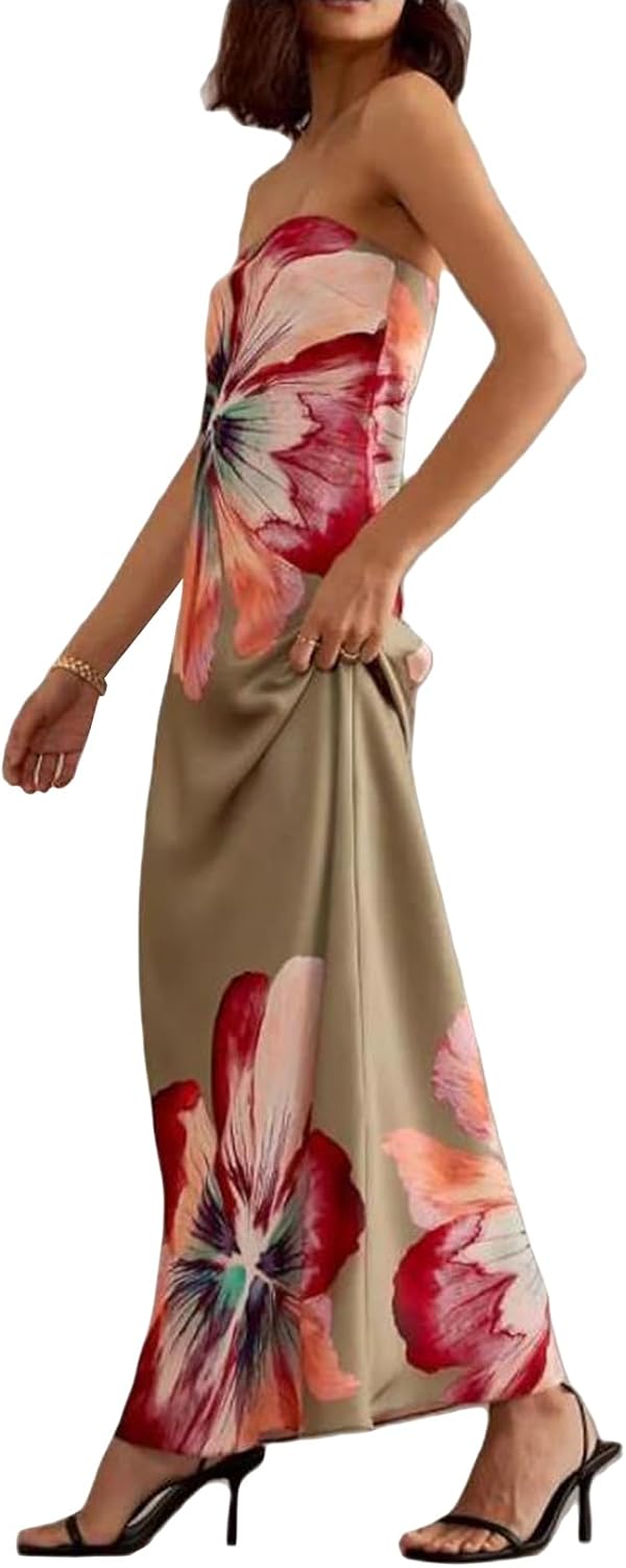 Women Strapless Floral Dress Bodycon Tube Printed Sleeveless Mesh Long Party Boho Beach Flowy Summer Maxi Dress