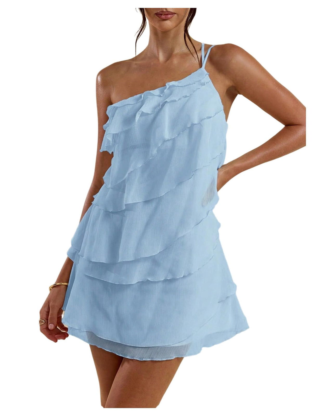 SOLY HUX Women's One Shoulder Ruffle Mini Dress | Ruffle,Mesh,Layered,Backless,Party Dresses,Cocktail