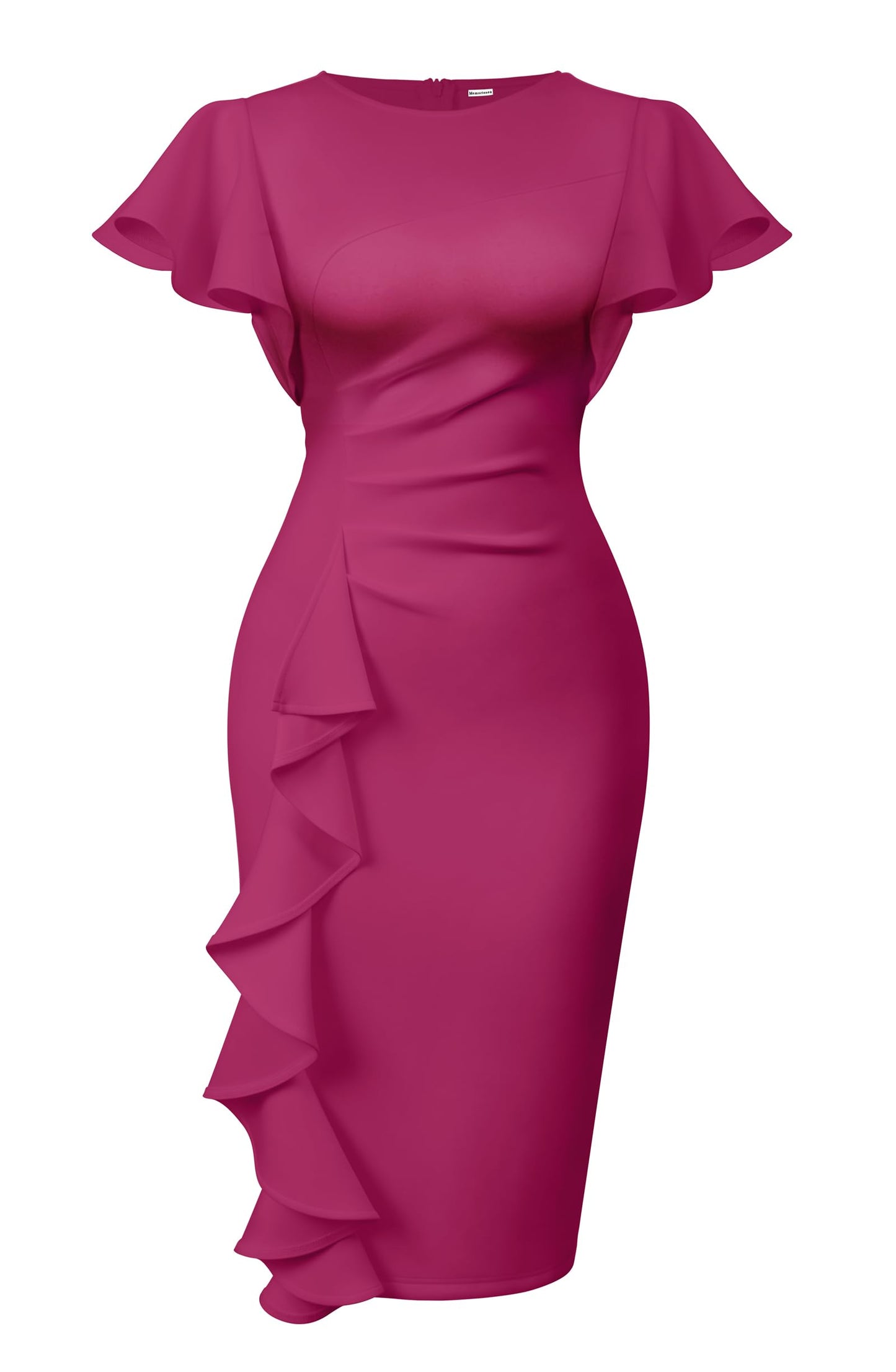 Memoriesea Women's Church Ruffle Sleeve Ruched Work Midi Dress | Back Zipper,Ruched Waist,Knee Length,Classic Sheath Outfits for Office Business Graduation Teacher Formal Cocktail Travel