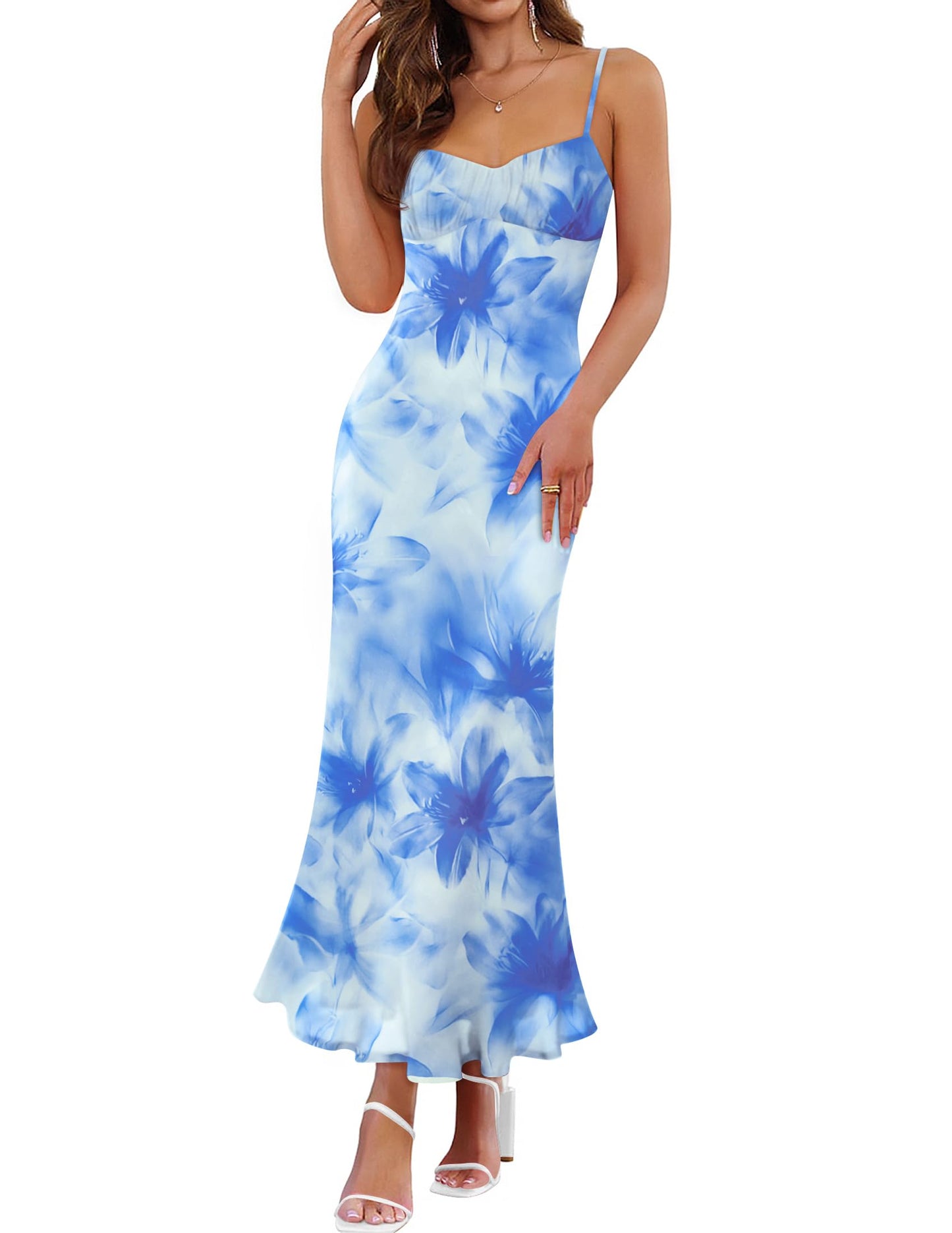 ZESICA Women's Summer Floral Sleeveless Bodycon Maxi Dress | Spaghetti Strap Mesh, Square Neck Backless Sundress, 2026 Wedding Guest Cocktail Party Vacation Beach Long Dresses