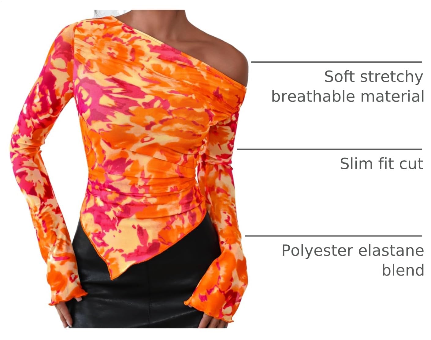 PRETTYGARDEN Womens Off Shoulder Mesh Y2k Tops | Stretchy Fitted Long Sleeve Shirts,Tie Dye Floral Blouse,Double Lined Ruched,Asymmetrical Hem,Going Out Daily Fall Clothes