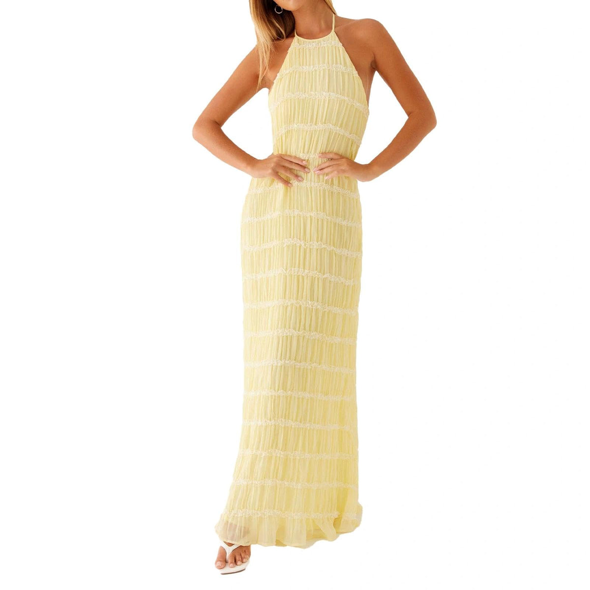 ABYOVRT Women Backless Dress Sleeveless Textured Halter Open Back Maxi Dresses Vacation Wedding Guest