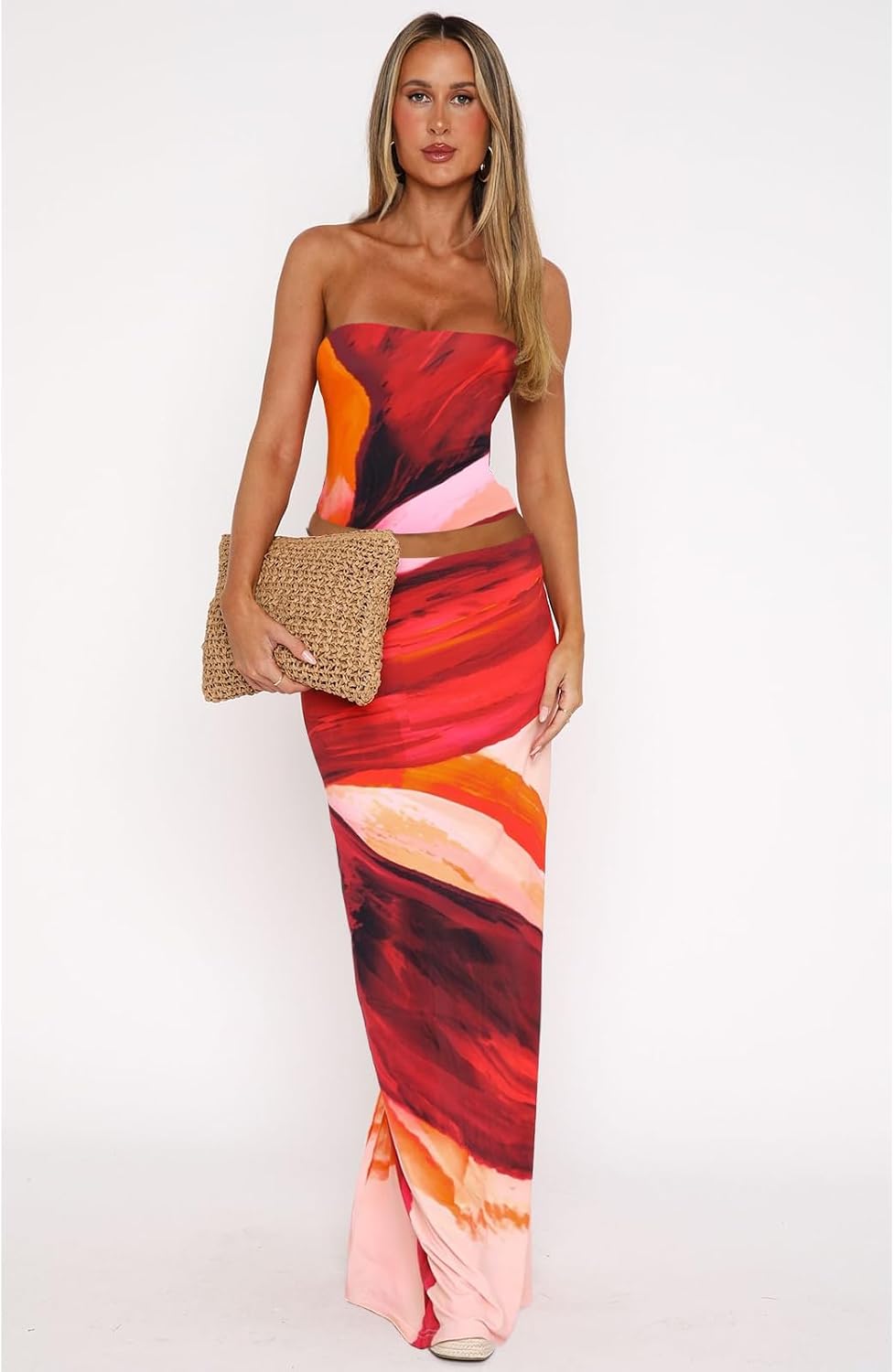 Goafuliy 2 Piece Skirt Sets for Women Summer, Floral Sleeveless Tube Top Bodycon Maxi Skirts Y2k Vacation Going Out Outfits