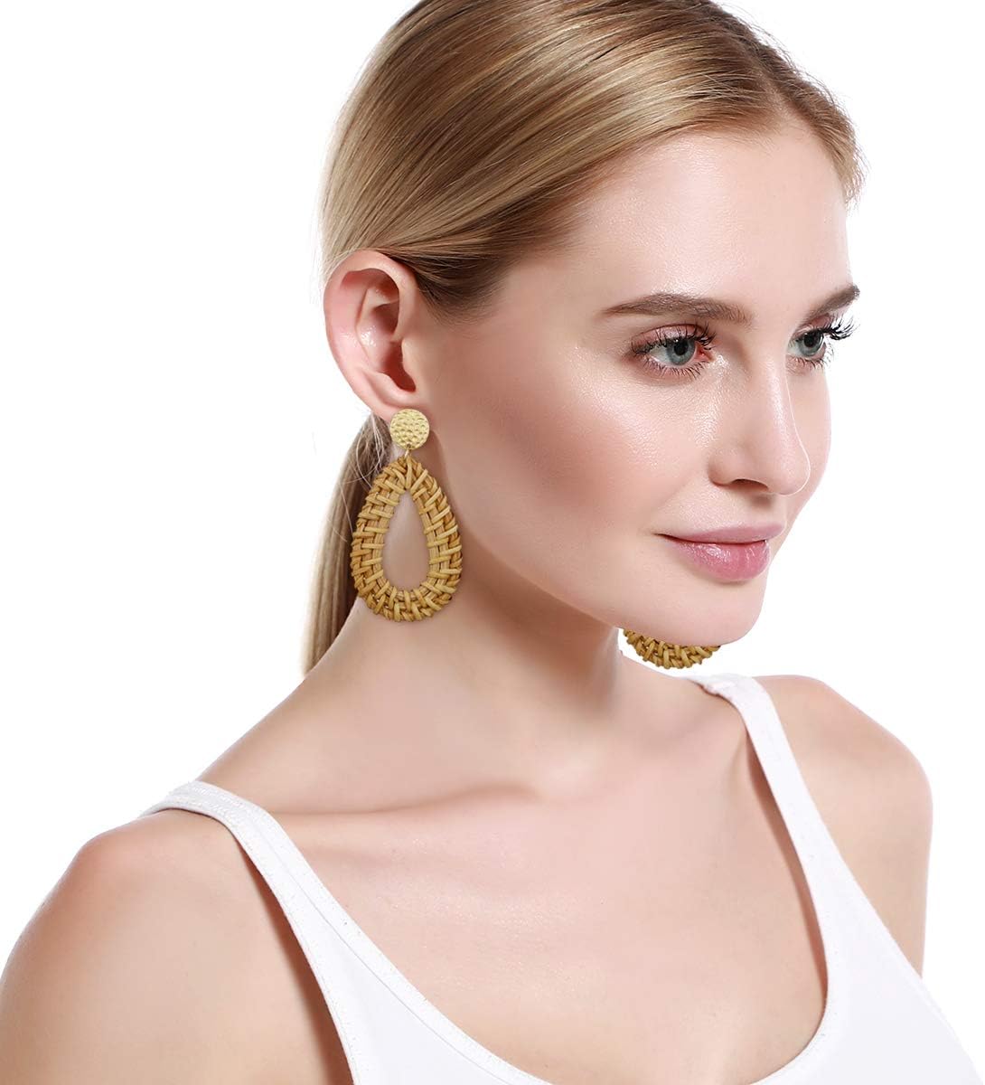 4Pairs Handmade Raffia Summer Beach Bohemian Earrings Statement Tropical Round Teardrop Rattan Dangle Earrings for Women