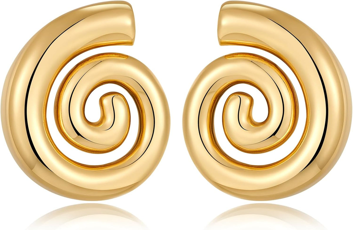 Gold Sliver Chunky Statement Earrings for Women - Spiral Swirl Vintage Stud Earrings, Trendy Chunky Jewelry | Summer Boho Beach Jewelry