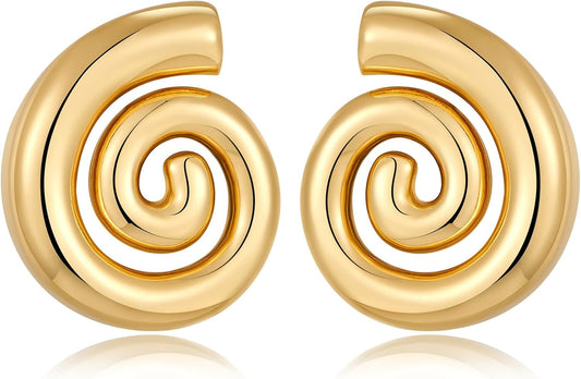 Gold Sliver Chunky Statement Earrings for Women - Spiral Swirl Vintage Stud Earrings, Trendy Chunky Jewelry | Summer Boho Beach Jewelry