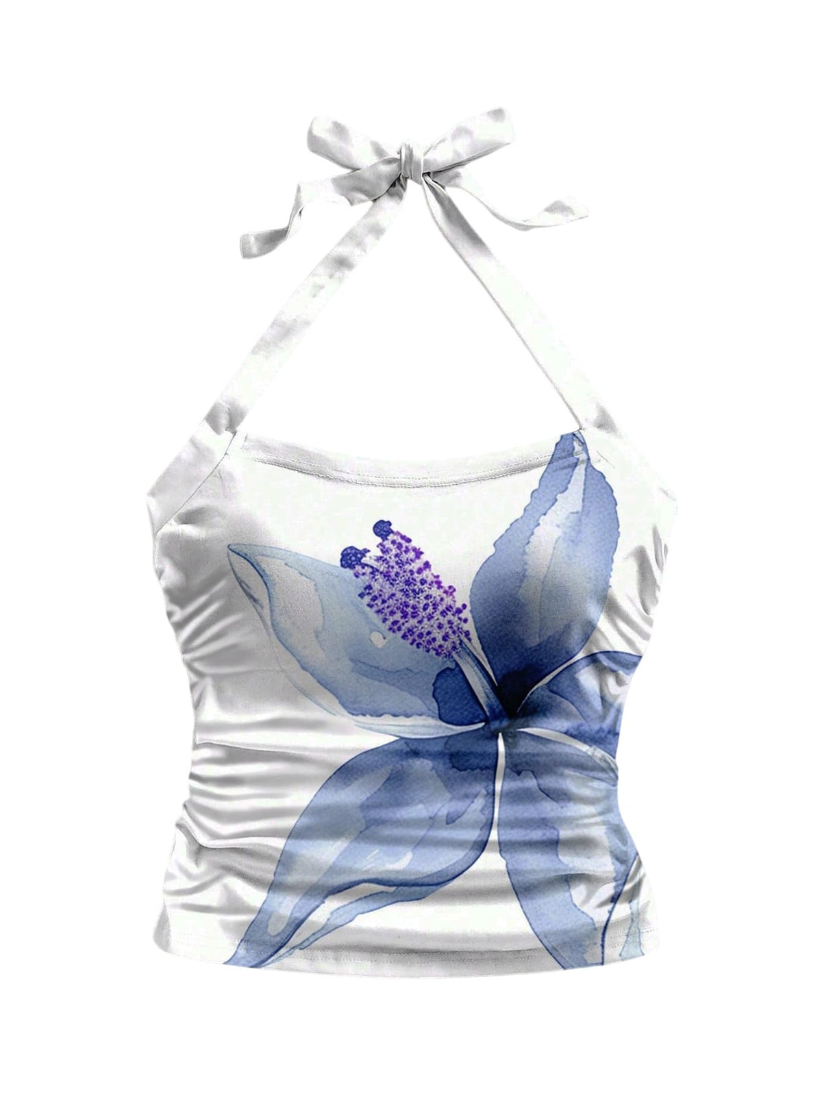WDIRARA Women's Floral Tie Backless Ruched Halter Tops Sleeveless Beach Vacation Crop Top