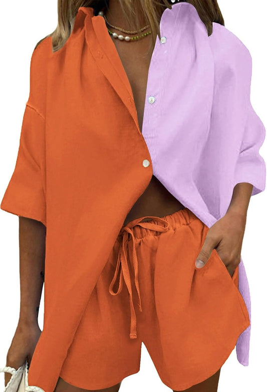 Fixmatti Women 2 Piece Outfits Long Sleeve Button Down Blouse and Shorts Sweatsuit Sets