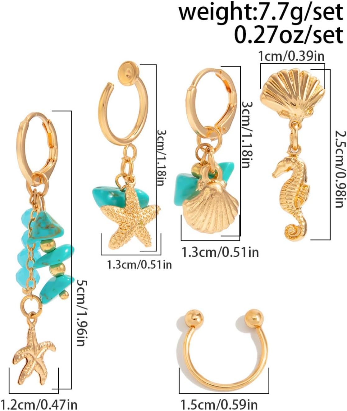 Beach Vacation Starfish Shell Dangle Earrings,Ocean Style Earring Set for Women Vintage Turquoise Earring Sea Turtle Shell Studs Pearl Tassel Clip-On Earrings Summer Jewelry